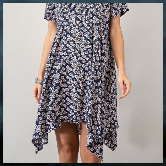 EASEL Lightweight Short Sleeved Collared Button Front Shark Bite Hem Shirt Dress - Picture 9 of 14